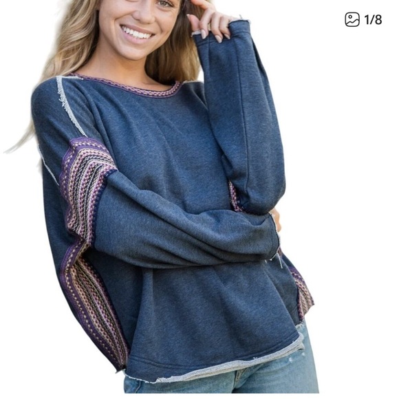 NATURAL LIFE Tops - Natural Life Knit Trim Blue Sweatshirt with Patterned Sleeves small medium